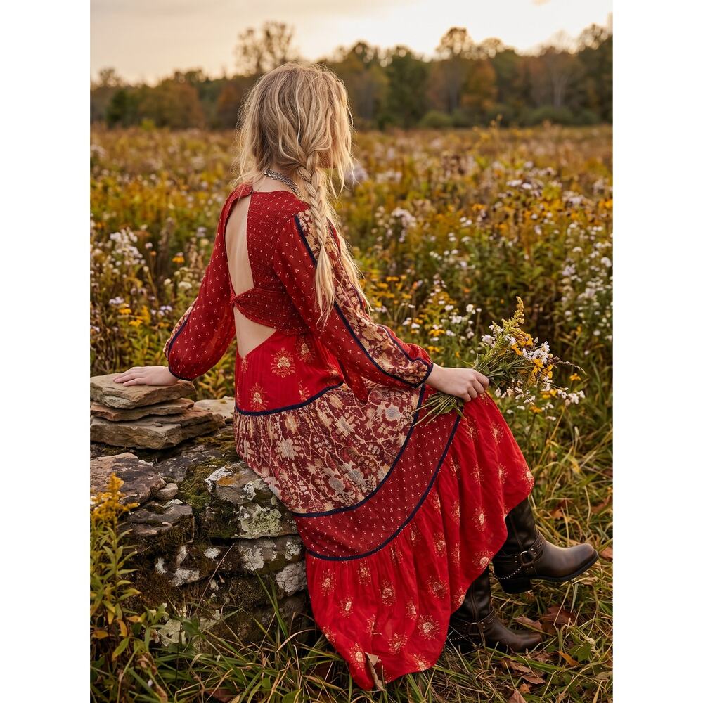 Free People Bohemian Gypsy Witchy Bali Laurel Maxi Dress Medium Patchwork 70s - Picture 14 of 14